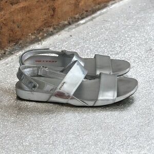 PRADA Silver Leather Double Strap Sandals Size 38.5